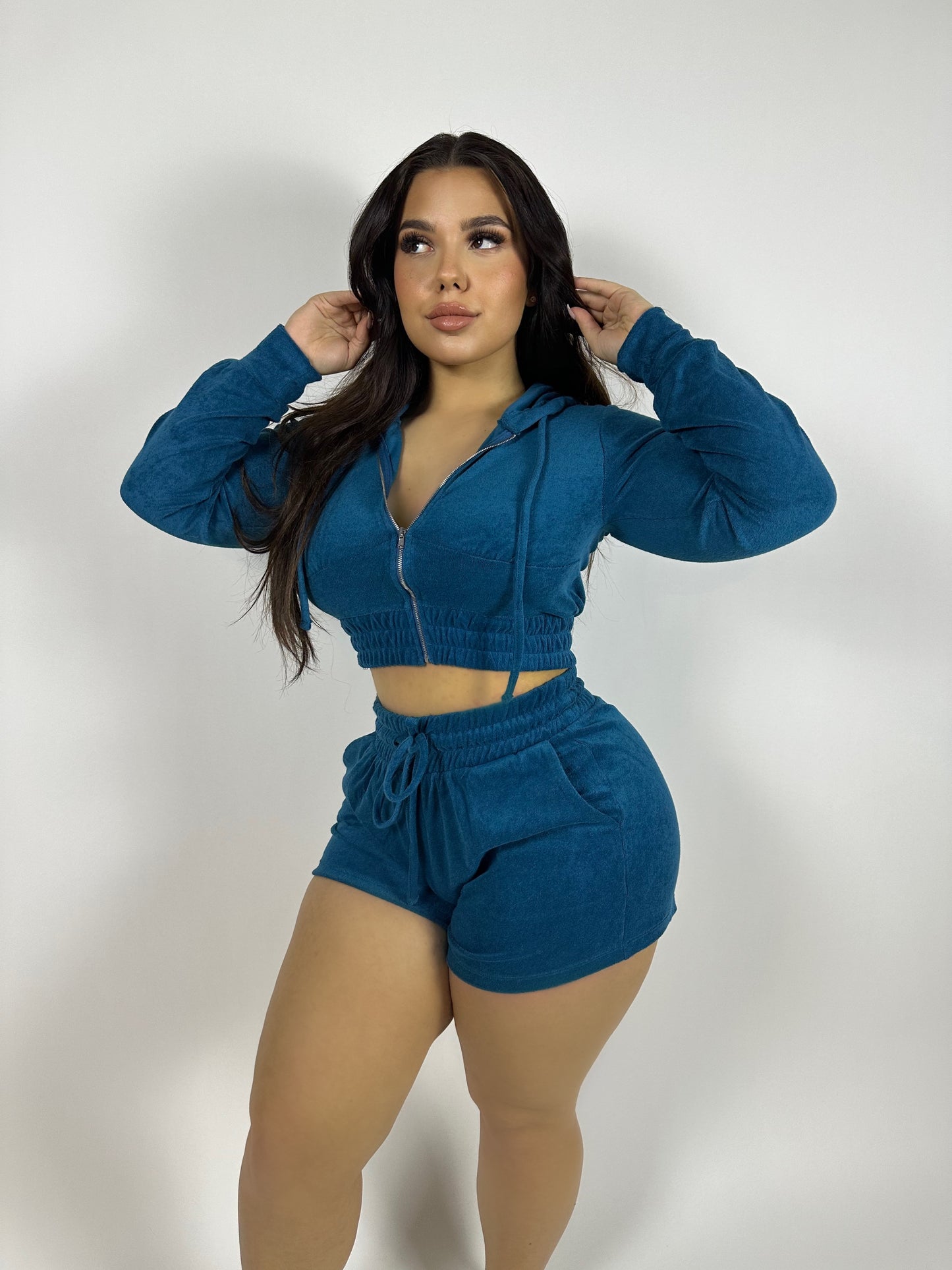 teal terry short set