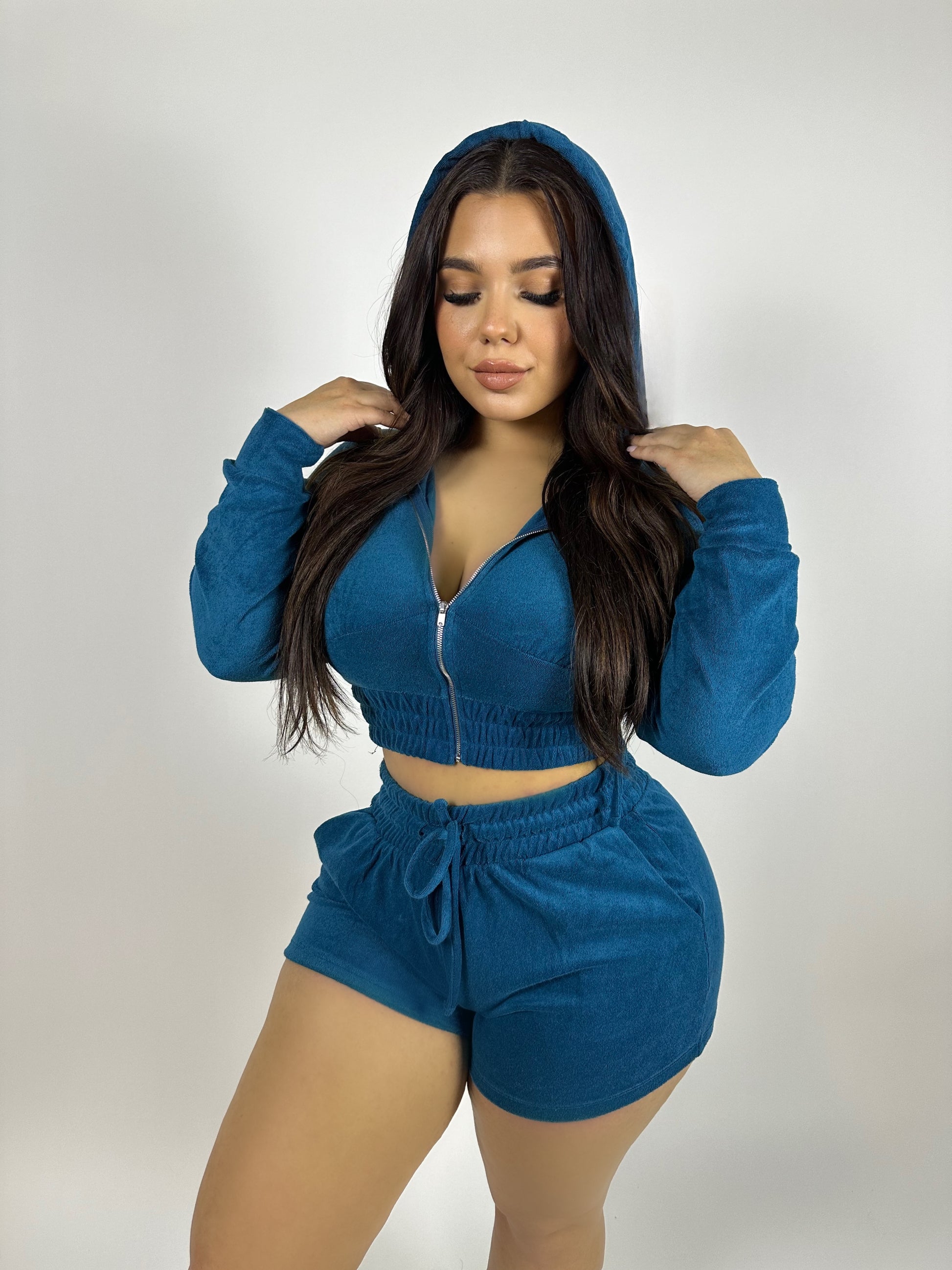 teal terry short set