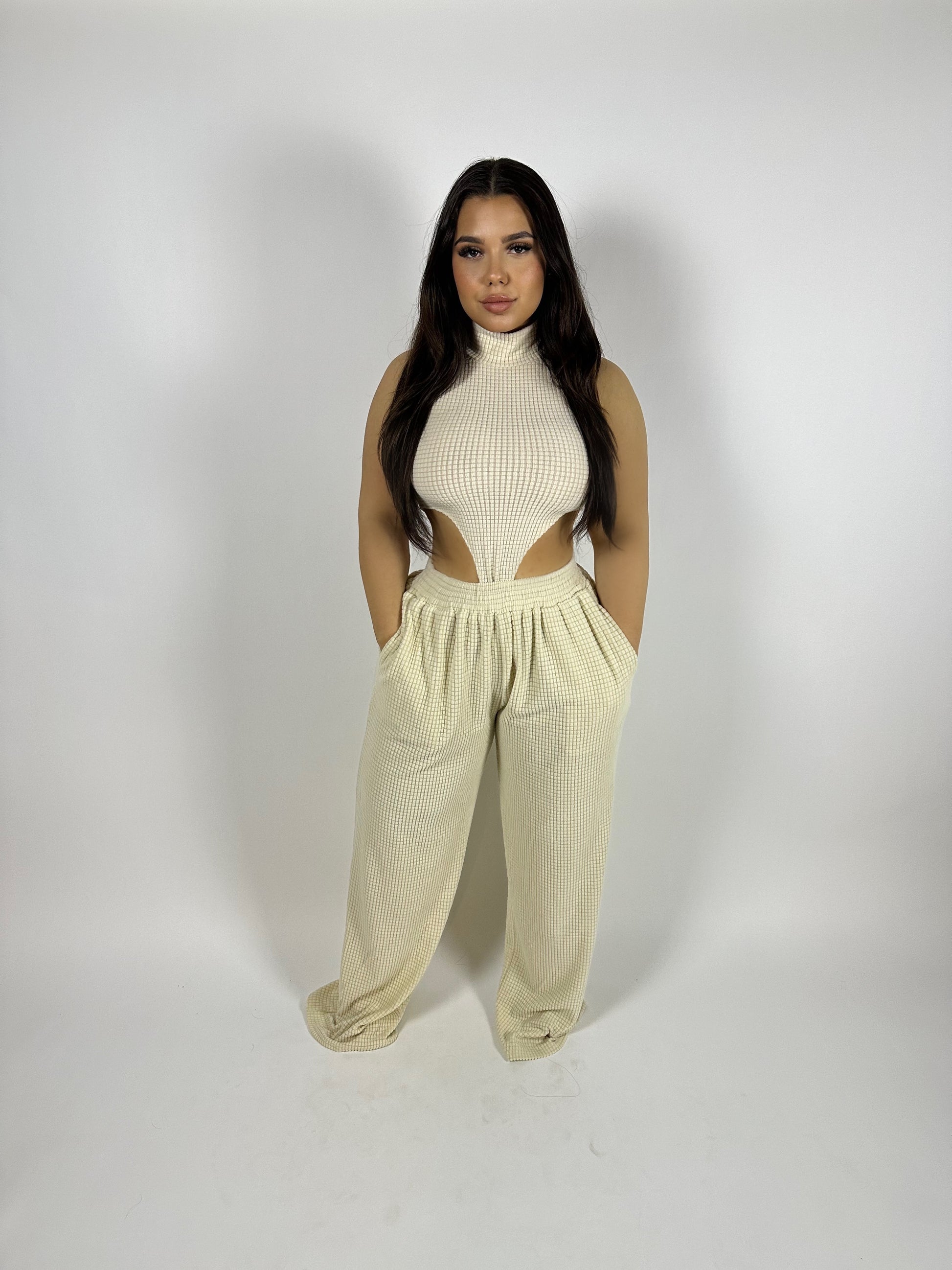 waffle material mock neck pant set